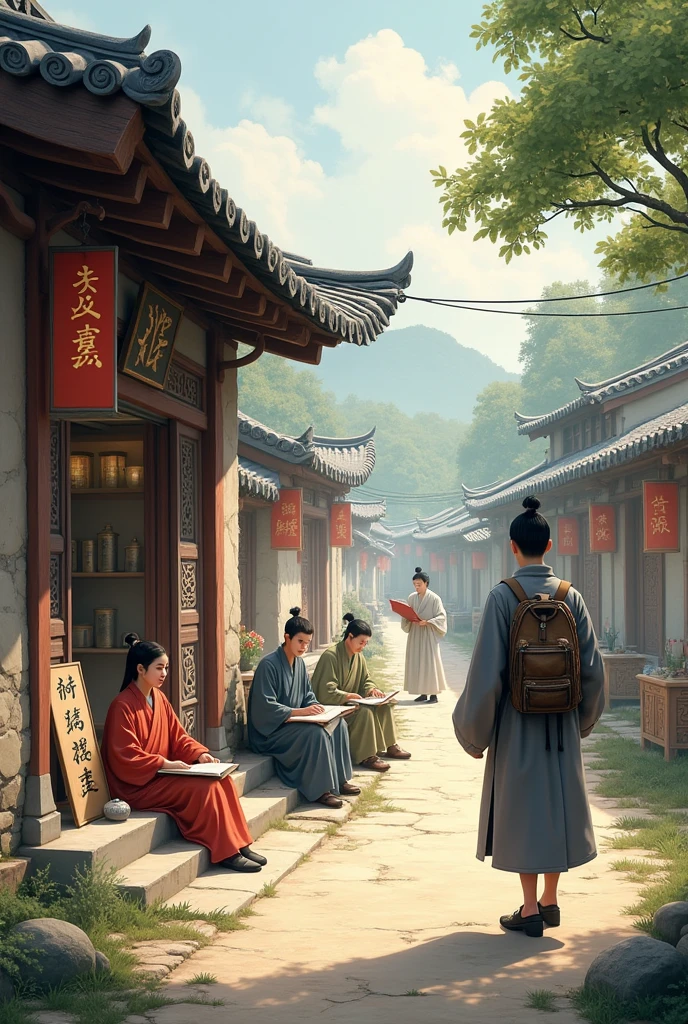 In the golden age of the ancient Chinese Empire, during the reign of Qin Shi Huang, a village woman wearing a gray dress in keeping with the fashion of the state opened a tea shop on the side of the road next to the city entrance. Scholars sat reading and reciting poetry. A young man wearing torn white clothes, carrying a backpack and rolling up paintings, came to sell them in front of the shop. The atmosphere was realistic, with actors acting according to the era.