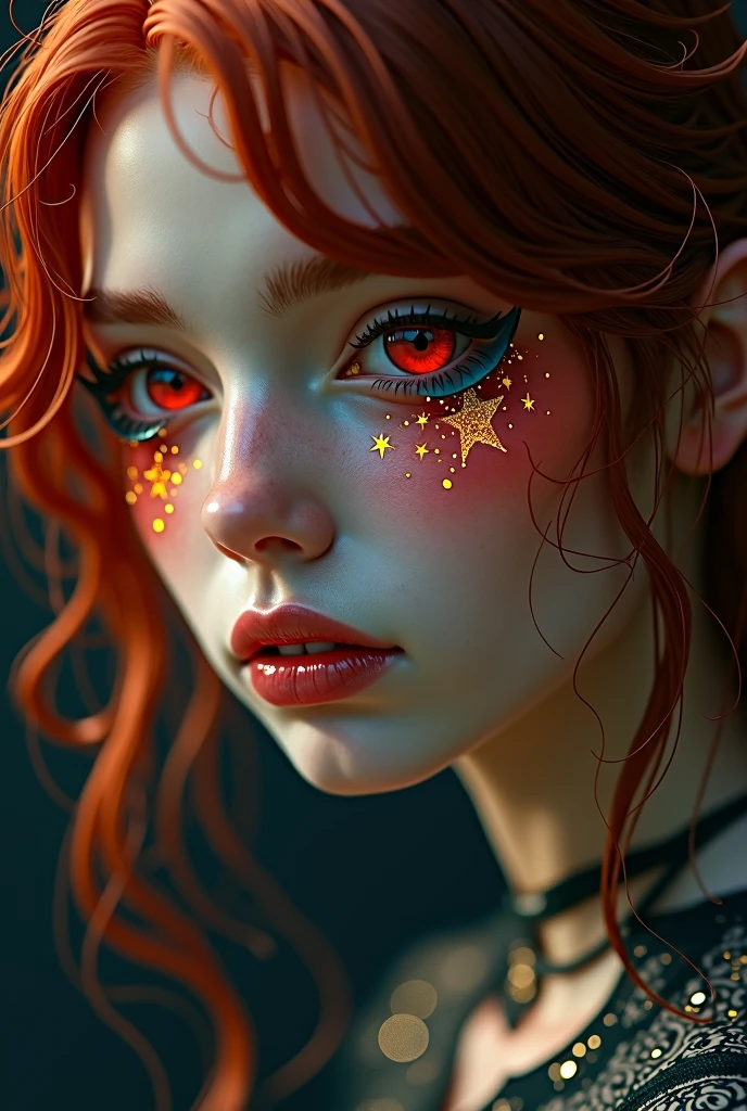 1girl, star eye, blush, perfect illumination, red hair, red eyes, unreal engine, sidelighting, detailed face, bangs, bright skin, simple background, dark background