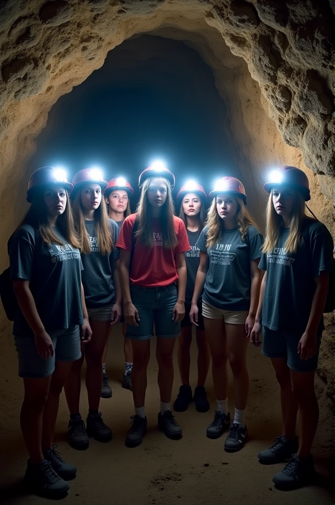 Ten students, wearing helmets with lights on their foreheads and shorts and t-shirts, stood hunched over in Alison Cave.