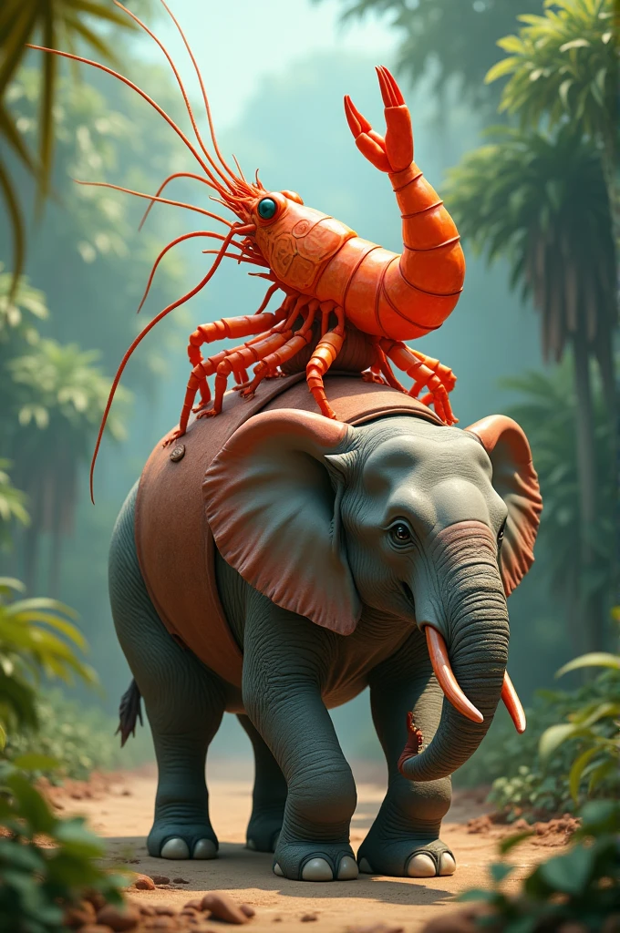 jumbo shrimp riding a tiny elephant