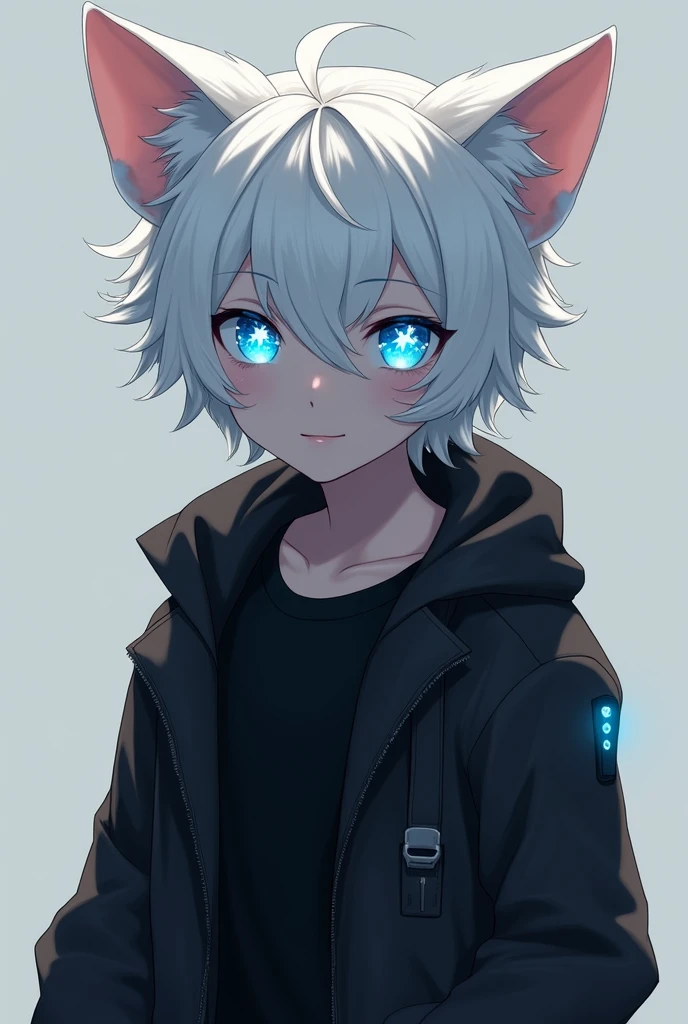 handsome cat boy with white short messy hair, black shirt, black jean , blue glowing eyes, star iris on his eye, cat ears, smiling face, white fur, wearing black jacket.