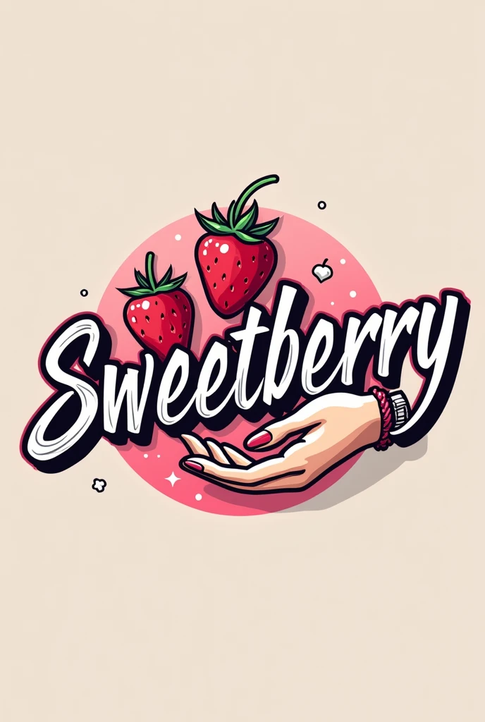 A logo with the name sweetberry in graffiti with nothing behind it , just the name , a small strawberry and a female hand with a bracelet