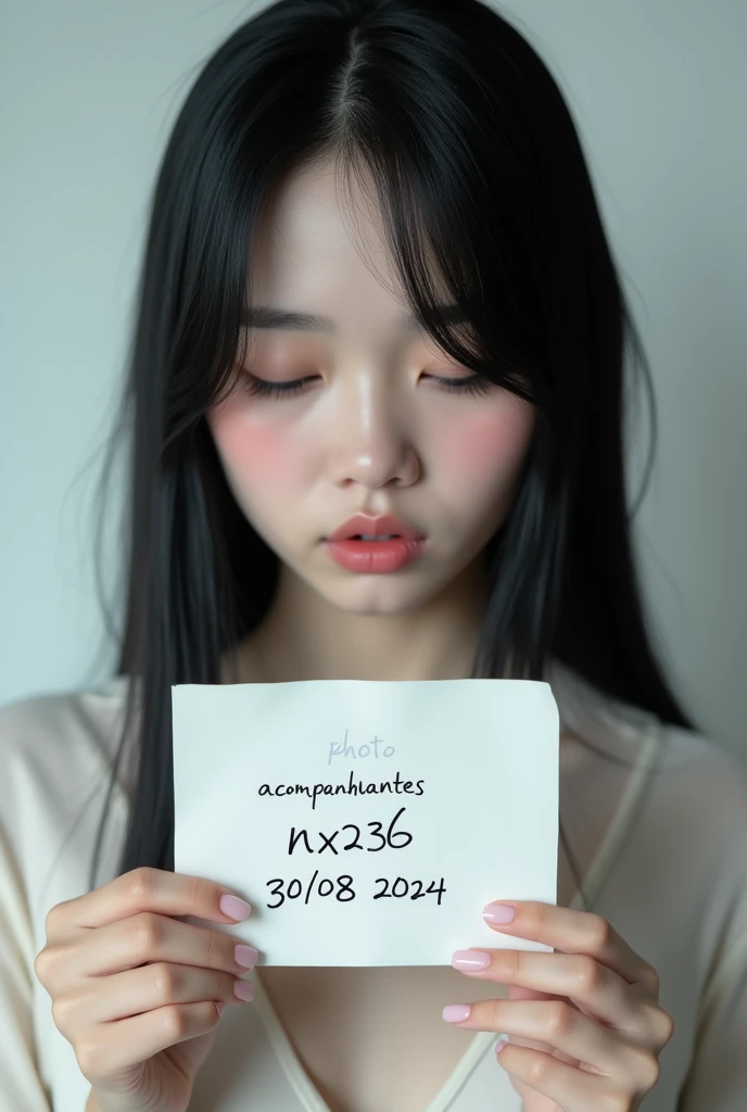 Hello, I would like an image of a white-skinned woman., with straight black hair, holding a paper showing what is written on it. This paper must contain 3 lines, the first writing PHOTOACOMPANHANTES, the second NX236, the third 30/08/2024. All lines need to look like they were handwritten., of a bic pen for example