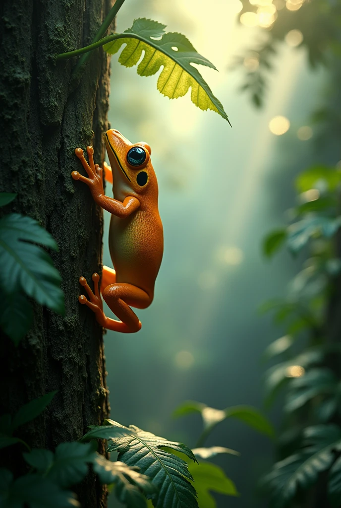 a beautiful rainforest, lush greenery, foggy environment, a golden poison dart frog climbing a tree, sunlight shining through the high leaves, (best quality,4k,8k,highres,masterpiece:1.2),ultra-detailed,(realistic,photorealistic,photo-realistic:1.37),nature,wildlife,macro photography,amphibian,tropical,verdant,dramatic lighting,intricate details,vibrant colors,depth of field