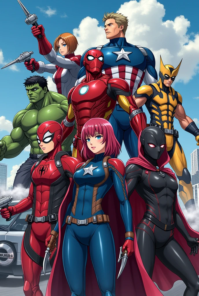 Create an image of the Avengers reimagined as anime characters. Include characters like Iron Man, Captain America, Thor, Hulk, Black Widow, spiderman, wolverine, deadpool and doctor strange. Design them with exaggerated anime-style features, such as big, expressive eyes, dynamic poses, and sleek, detailed armor or costumes. with a size of 885 cm and a width of 320 cm with a car that says Daihatsu which is the focus of their location with a building that says Daihatsu in the background, which emphasizes action and intensity. Each character must have a unique anime-style weapon or accessory that matches their personality and strengths."