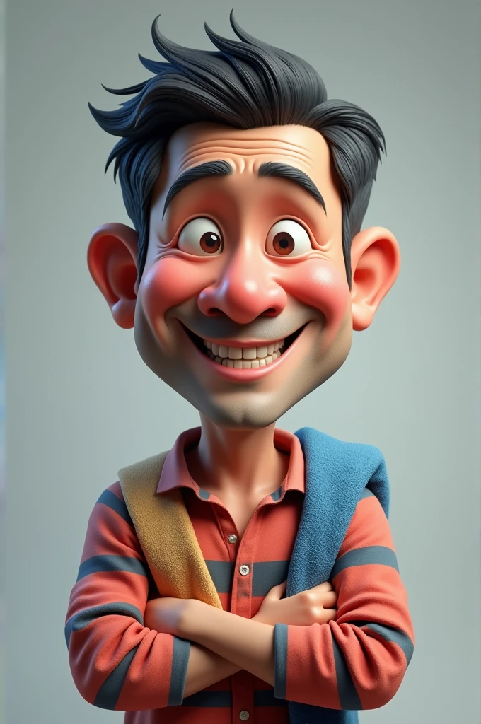 a middle age indonesia man, wear long sleeve shirt with stripe line red and blue, towel on his shoulder, big head, 3d, short hair, portrait. grey background, 3d cartoon, caricature