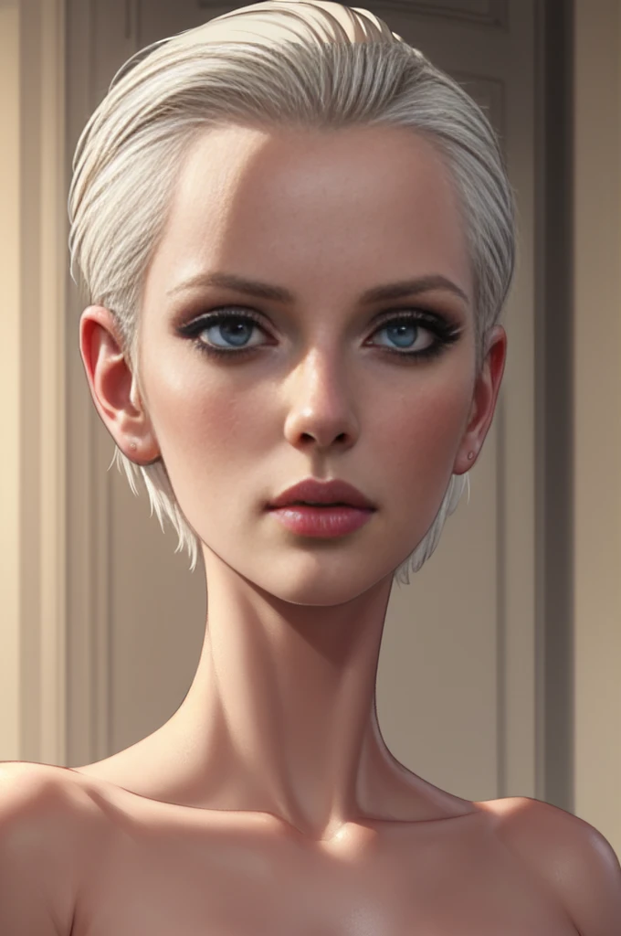 a platinum blonde woman with short hair slicked to the side, beautiful detailed eyes, beautiful detailed lips, extremely detailed face, longeyelashes, elegant posture, cinematic lighting, award winning photography, highly detailed, 8k, photorealistic, cinematic lighting, dramatic colors, vibrant, Renaissance style painting