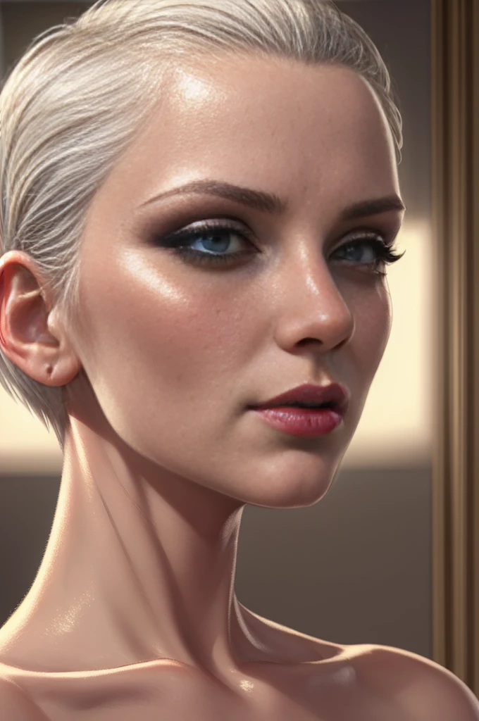 a platinum blonde woman with short hair slicked to the side, beautiful detailed eyes, beautiful detailed lips, extremely detailed face, longeyelashes, elegant posture, cinematic lighting, award winning photography, highly detailed, 8k, photorealistic, cinematic lighting, dramatic colors, vibrant, Renaissance style painting