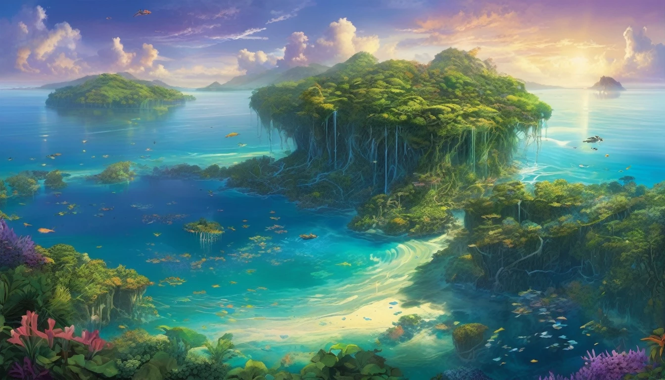 A Glimpse of Pandora’s Oceans
Shot 1: Aerial View of Pandora’s Ocean
Description:
The scene opens with an expansive aerial shot, revealing the breathtaking ocean of Pandora, stretching to the horizon. The camera glides gracefully over the deep blue water, shimmering under the bright sunlight, which bathes the entire landscape in a golden glow. The ocean's surface is alive with movement; gentle ripples create a shimmering dance as the water reflects the vibrant sky above. Beneath the surface, glimpses of Pandora's marine life can be seen—schools of exotic, bioluminescent fish darting in and out of view, their bodies glowing in shades of blue, green, and purple.
The waves lap softly against the base of floating islands, which drift majestically above the water. These islands are lush with verdant foliage, their surfaces covered in thick, emerald-green grass that sways gently in the breeze. Towering Hometrees, unique to Pandora, rise from the islands, their massive roots hanging down and dipping into the ocean below, creating a natural bridge between land and sea. The trees are covered with a network of glowing tendrils that pulse with a faint blue light, hinting at their deep connection to Eywa, the guiding spirit of Pandora.
The floating islands are adorned with vines and flowering plants that cascade over the edges, some of which bloom with vibrant, bioluminescent flowers that glow softly, even in daylight. Smaller flying creatures, resembling a cross between birds and dragonflies, flit between the islands, their wings catching the light, creating a dazzling display of color. In the distance, towering cliffs of the coastal regions rise, covered in a dense tapestry of vegetation, with cascading waterfalls that spill into the ocean, creating misty rainbows.
The sky is a brilliant azure, painted with wispy clouds that drift lazily, and the faint outlines of Pandora’s moons can be seen in the background, adding to the scene's otherworldly feel. The entire environmen