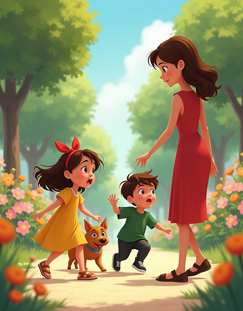 A girl in a yellow dress, loose brown hair, lazo rojo en la cabeza y brown sandals, and a five-year-old boy in black pants, Green shirt, brown hair and black tennis shoes, They are frightened by the barking of a medium-sized brown dog that runs and plays nearby, showing expressions of surprise or fear, The boy and the girl are playing among the trees and the colorful flowers, pink, abodes, orange and green. And the mom, with red dress, brown sandals, loose brown hair, is approaching, attentive and reassuring them.