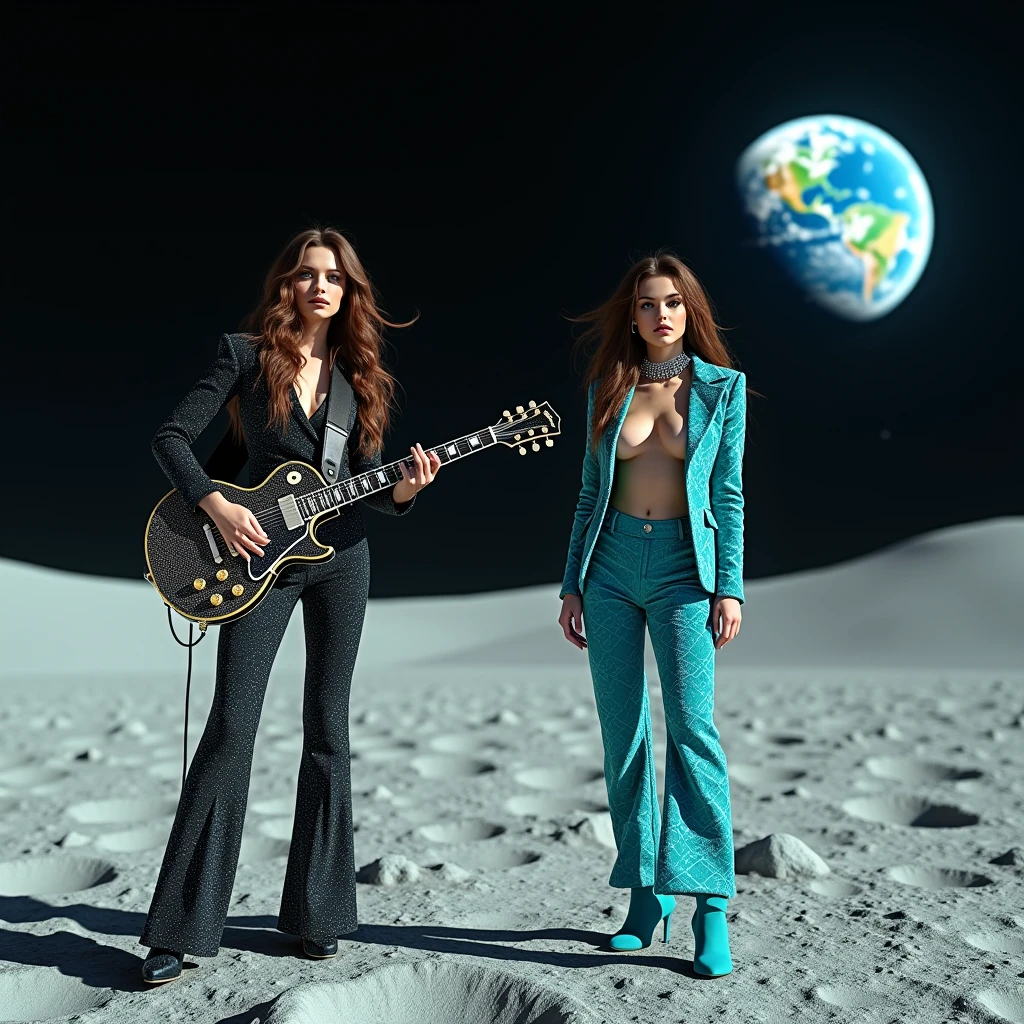 A 2 very beautiful and glamorous white woman with long brunette hair is playing a black Gibson Les Paul electric guitar on the moon, plugging the guitar into an Orange guitar amplifier and striking a cool pose.、The Earth is floating behind her、Super realistic images with a very surreal world view、She is wearing a turquoise blue geometric patterned velvet tight zip-up jumpsuit, unzipped up to her belly button, showing off her naked body, and Plain enamel turquoise blue hi-heel London long boots((like the cover of David Bowie's Ziggy Stardust Costumes))A flashy silver Les Paul guitar lavishly decorated with glitter and Swarovski crystals.、A female glam rocker standing on the moon in silent space、Blue Earth、
