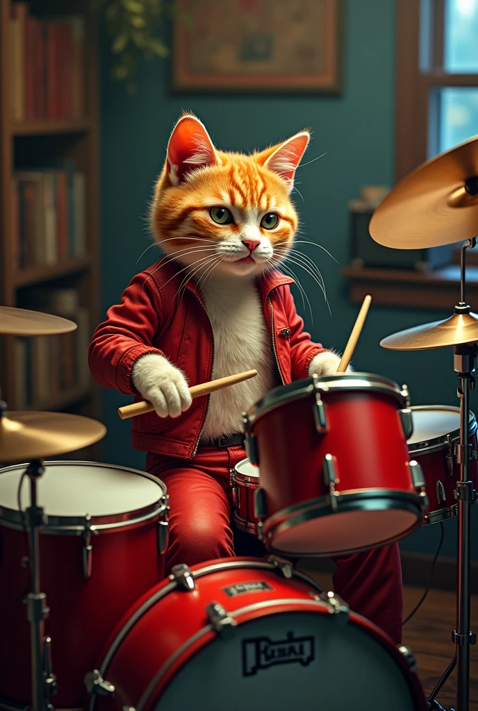 Cat playing drums、Red leather jeans、