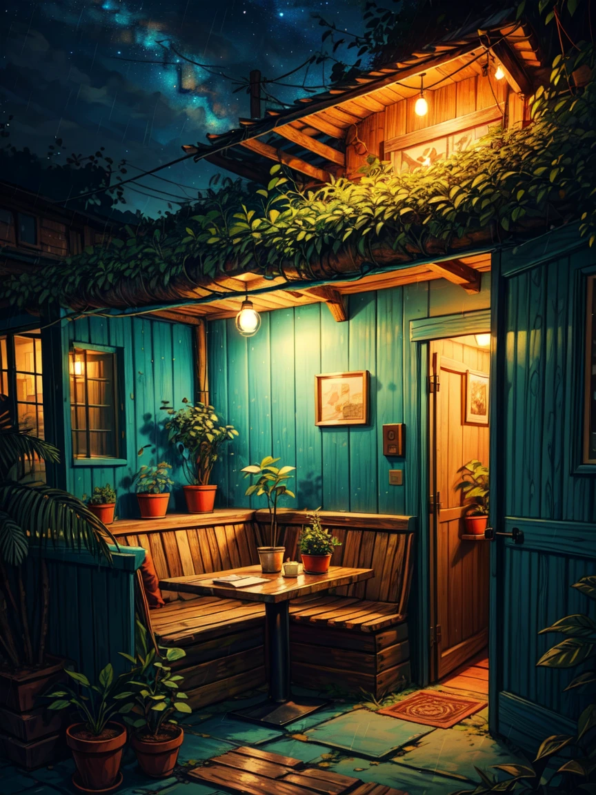 wide view, beautiful interiors of a (((cozy cafe shop))), wooden log furniture, orange string lights, leafy tropical plant pots, gypsy aesthetics, blue walls, earthy tones, decorations, cozy atmosphere, night time, starry sky visible from sky, shade of shed, intrinsic details, heavy rainning, with the door opened