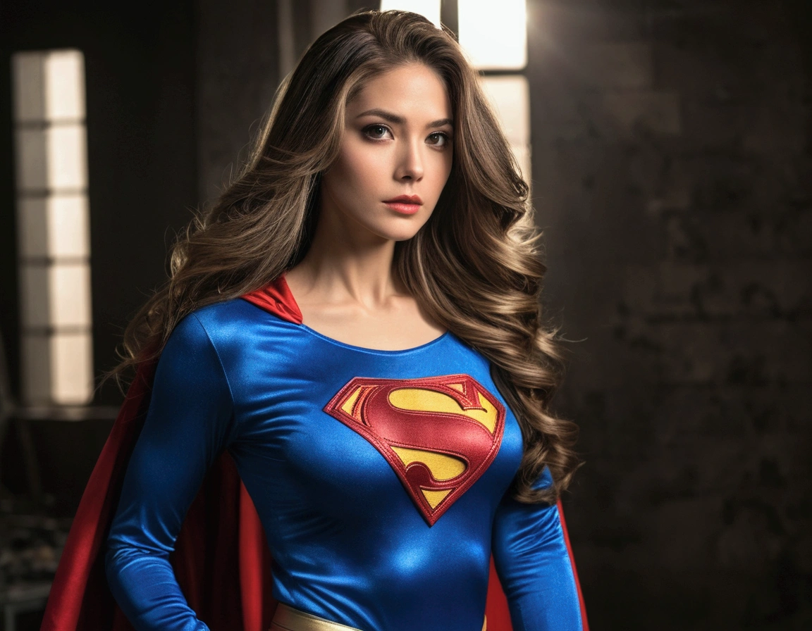 Woman , wearing Superman clothes , long  hair , extremely beautiful, sultry posing 