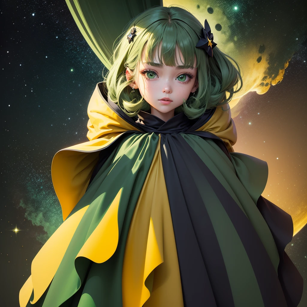 planet,stars,shine, galexy, 2D, mostly using color code dark green and mustard palette, dark gray green, dark green mustard pastel color, using very little dark green warm colors with tonal combination With green and mustard color, dark gray green