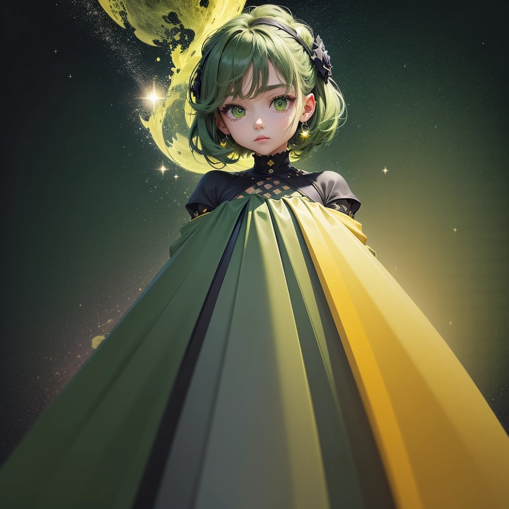 planet,stars,shine, galexy, 2D, mostly using color code dark green and mustard palette, dark gray green, dark green mustard pastel color, using very little dark green warm colors with tonal combination With green and mustard color, dark gray green