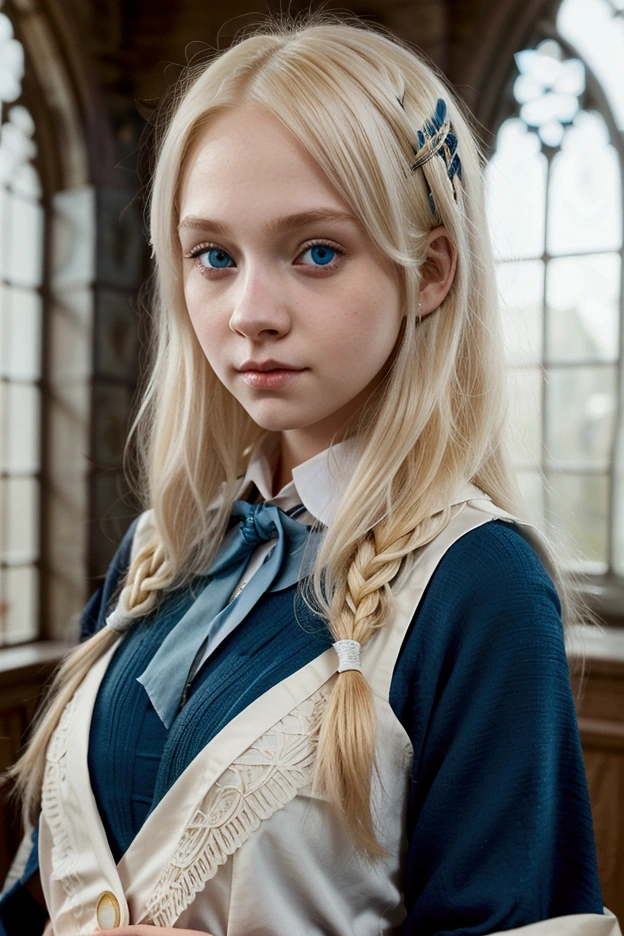 Hogwarts student, girl white skin, bright blonde hair. She has sea blue eyes and is a Ravenclaw in Hogwarts