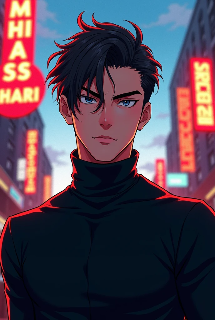 Male character black turtleneck shirt with a capitalized name in Portuguese, anime theme