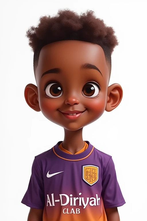A caricature of a person, the person is a 3 man named Chidiebere Nwakali, wearing a club jersey called Al-Diriyah Club, the Al-Diriyah Club jersey is a gradient of purple mixed with brown and does not cover the Club Logo, and next to it is Al-Diriyah Club , his hair is cut in a Burst Fade Haircut with his hair color is brown, his face looks like a Saudi Arabian man, his skin is brown and half of his body, his neck is not too high, don't wear accessories, the background is plain white,