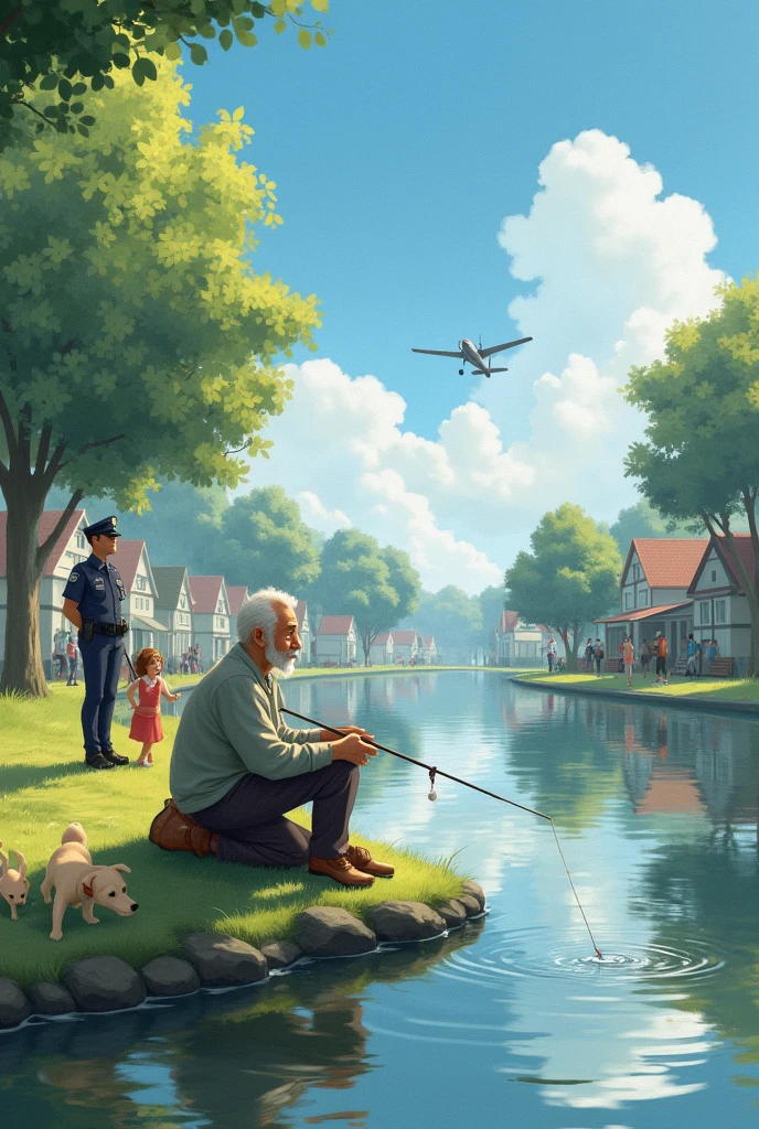 The old man fishes in the river while the children play on the shore, The couple went out for a walk with the dogs, The policeman just keeps watch and in the distance you can see a plane in the sky. 