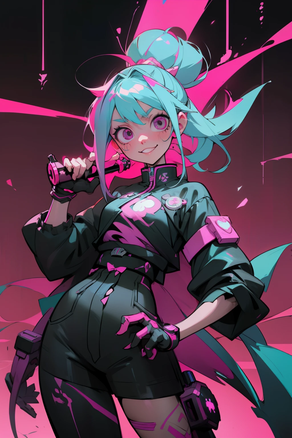 anime girl smiling with long pink hair and black eyes holding a bat, rossdraws vibrant cartoons, cyberpunk art style, digital cyberpunk anime art, anime ciberpunk, 4K anime style, :: rossdraws, cyberpunk art style, cyberpunk anime art, Demon Slayer art style, neon punk, demon slayer rui fanart, cyberpunk anime girl, anime style digital art, female cyberpunk anime girl