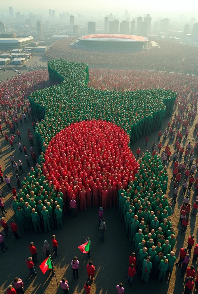 Bangladeshi map made with thousands people and every people carrying flag of Bangladesh Bangladesh city, stadium middle for Bangladesh flag 