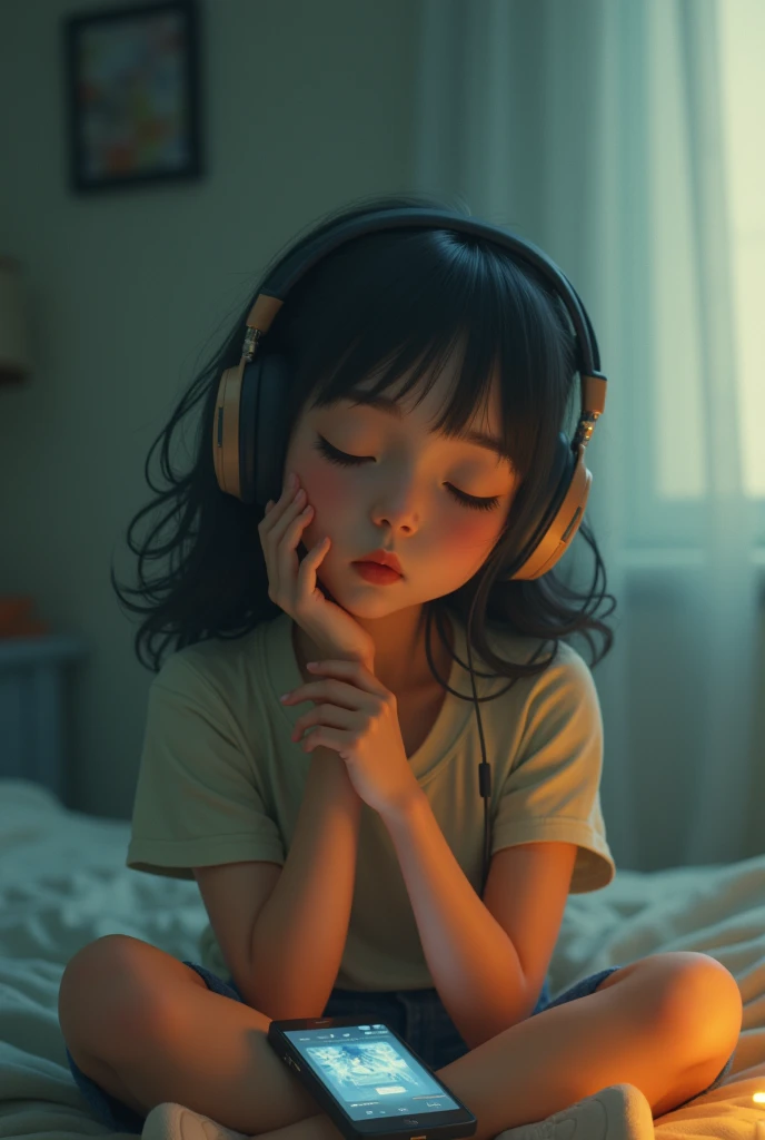 16:9 screen size image in which a girl listening music and image is like lofi
