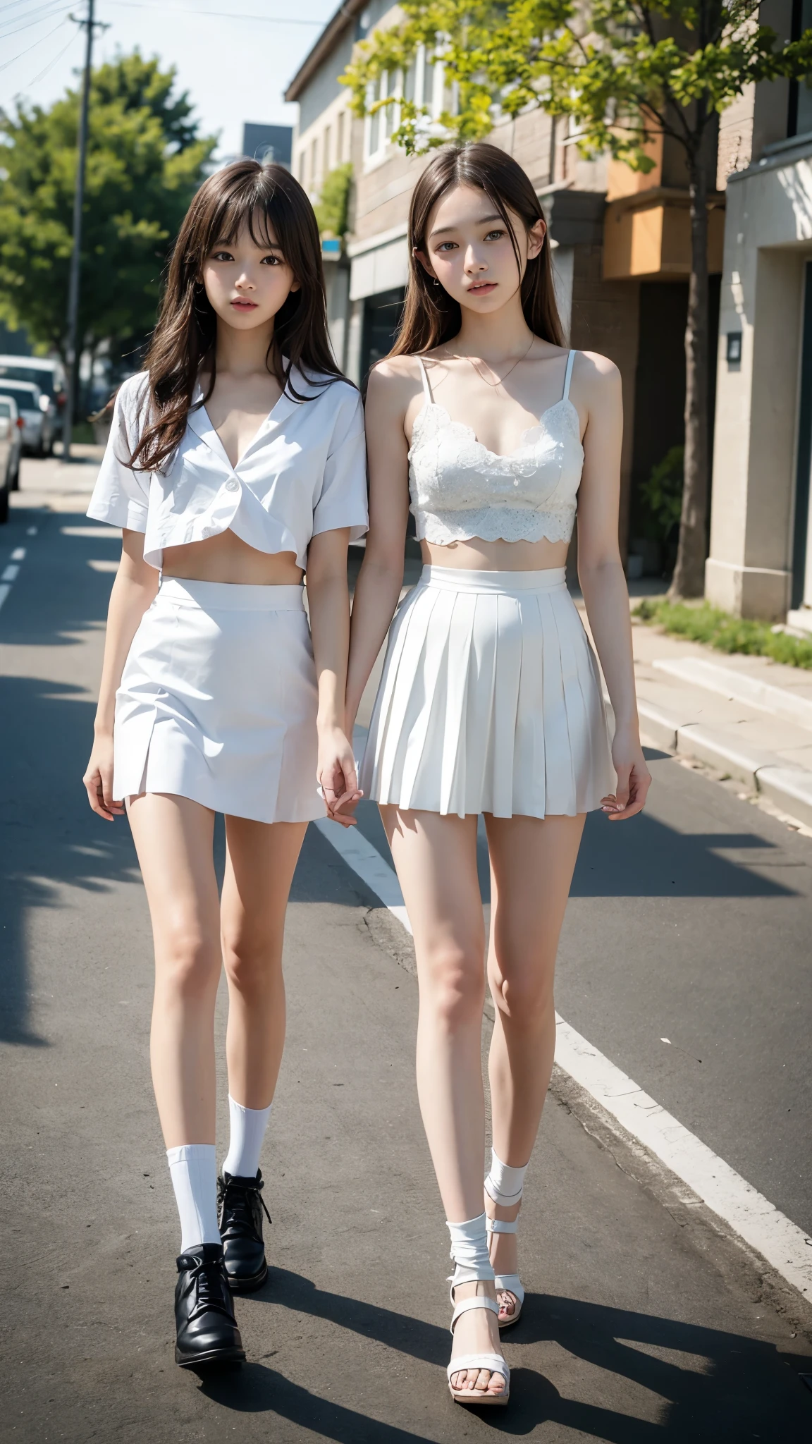 High detail, Textured skin, Very detailed, Ultra high definition, High-resolution model, Detailed face、bare navel、Twins, two girls, two high school girls、(((flat chest))), (flat chest:1.1)、 14years、a junior high school student、School Uniforms、Cute, young, (Full body:1.3)、Ultra-detail、masterpiece、top-quality、超A high resolution、8K high image quality、Photogenic clarity、A detailed eye、Real live-action、Spring outdoor、Model Standing、Beautiful posture、High detail, Textured skin, Very detailed, Ultra high definition, High-resolution model,