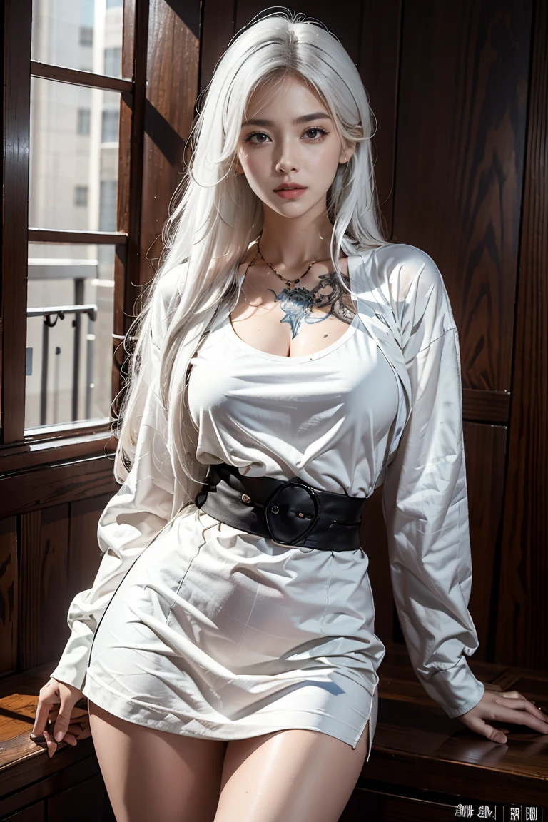 Photorealistic, high resolution, 1womanl, Solo, Hips up, view the viewer, (Detailed face), White hair, Long hair, army suit,short skirt,Tattooed with,Tattooed with,arma,arma, jewelry