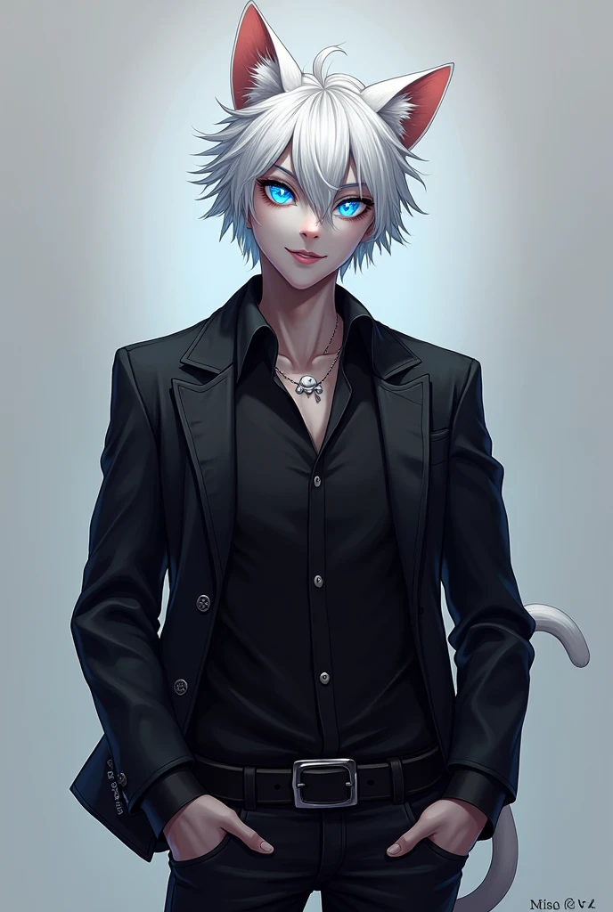 handsome cat guy with white short messy hair, black shirt, black jean , blue glowing eyes, star iris on his eye, cat ears, smiling face, white fur, wearing black jacket.