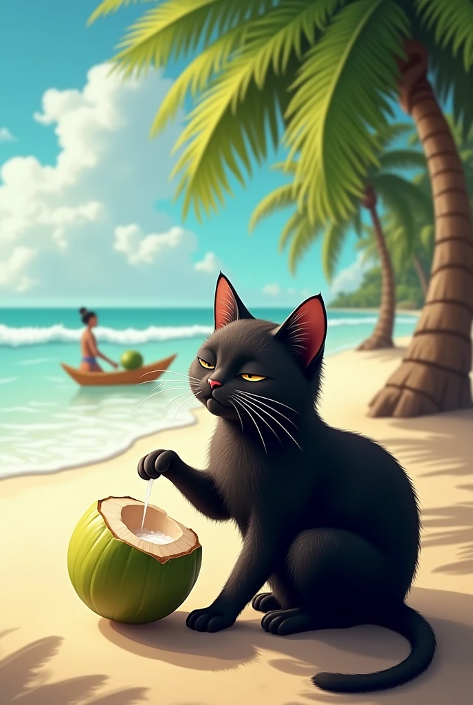 Black cat drinking  coconut water at beach, coconut seller coconut tree