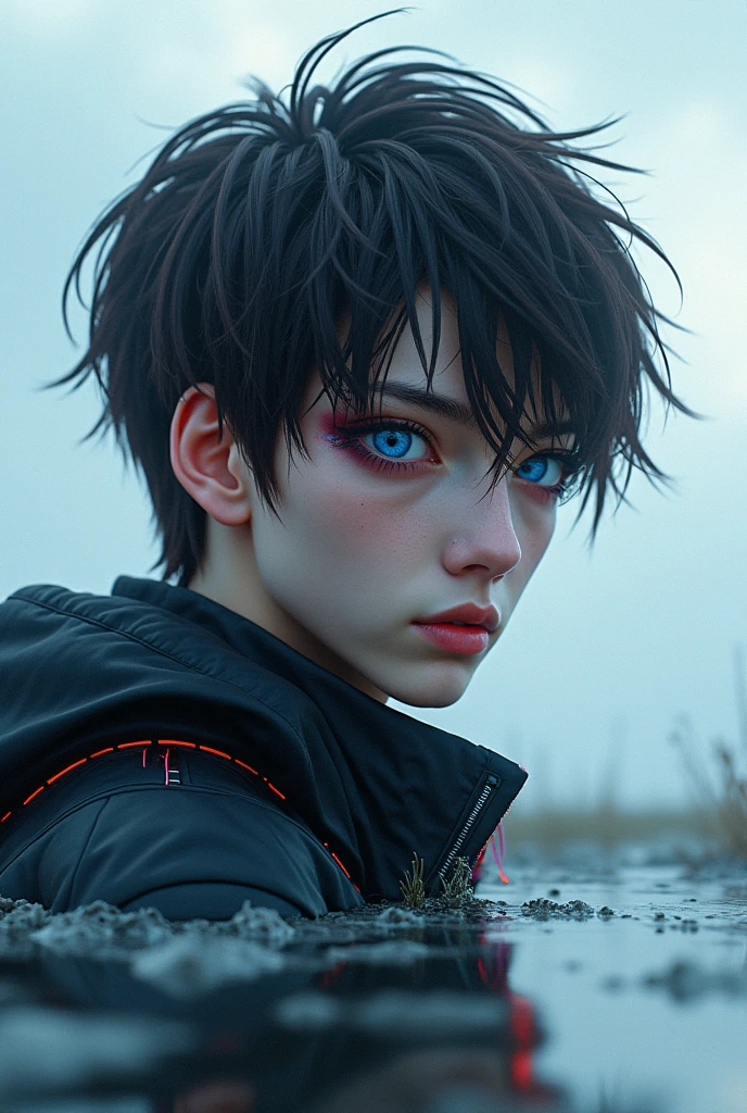 Unbeatable masterpiece, Ultra photo realsisim, Perfect artwork, Intricate details, Best quality, Strong light, High contrast, Cyberpunk, Quantum punk, Nano punk, (Machinary:1.4)(Masterpiece) , (Best quality) , (extremely detailed wallpaper CG unity 8k) , (best character detail:1.36), marshes, Oppressive skies, white clouds , (delicated lines:1.24), ([Specular reflection water]:1.37) , (fantasy) , cumulonimbus clouds , (The oppressive atmosphere of the host:1.14) , (Cold light:1.2) , Color splattering , Colorful, White background, detailed eyes, cold eyes, detailed eyeshadows, blue eyes, Simple background, dark brown hair, 1boy, matured boy, (short hair:1.3), high high quality