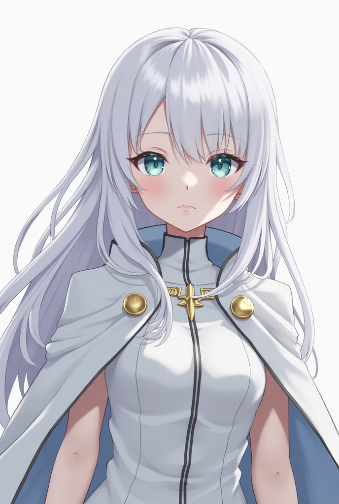 3d, anime, girl, long white hair, cape, looking at viewer, pale skin, serious, futuristic, pixel art, white clothes