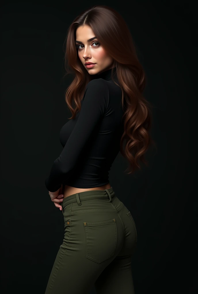 Illustration by Luis Royo. Black background. Beautiful Lebanese woman with long brown hair. Ideal anatomy, beautiful expressive look. She wears a black turtleneck and olive green skinny jeans. Its back side faces the camera. masterpiece, (best quality: 1.5), perfect lighting, very detailed, uhd, hdr, big anime eyes, ultra realistic.  (full length, Wide angle, center, without trimming) - AR 9:16 - from 1:2

