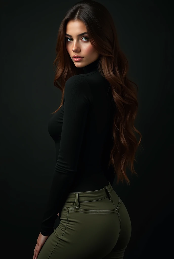 Illustration by Luis Royo. Black background. Beautiful Lebanese woman with long brown hair. Ideal anatomy, beautiful expressive look. She wears a black turtleneck and olive green skinny jeans. Its back side faces the camera. masterpiece, (best quality: 1.5), perfect lighting, very detailed, uhd, hdr, big anime eyes, ultra realistic.  (full length, Wide angle, center, without trimming) - AR 9:16 - from 1:2

