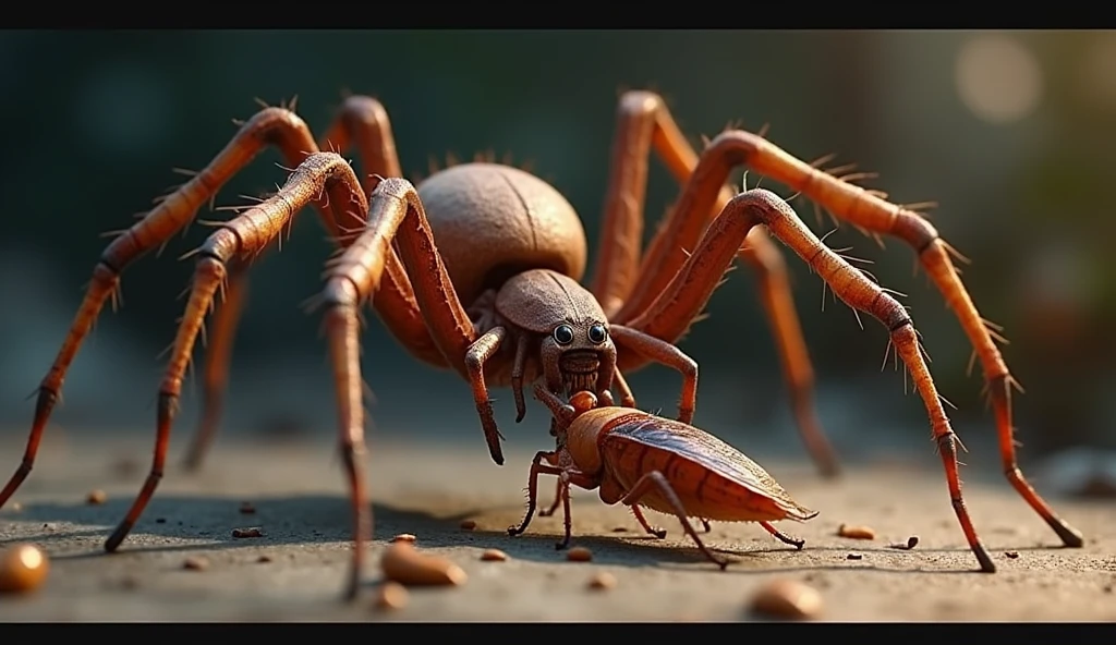 3d、Ultra HD、Side view、Digital Art、A huntsman spider captures a cockroach by wrapping all of its legs around it.