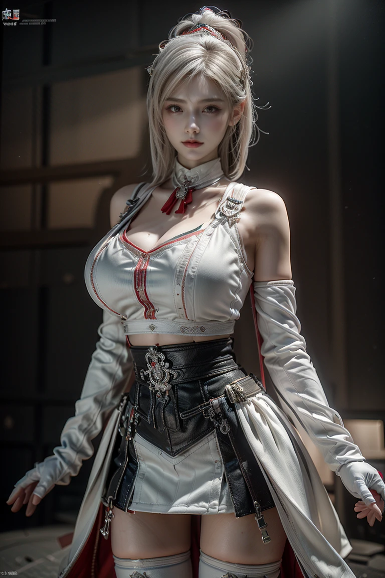 Masterpiece,Game art,The best picture quality,Highest resolution,8K,(A bust photograph),(Portrait),(Head close-up),(Rule of thirds),Unreal Engine 5 rendering works,
20 year old girl,Short hair details,With long bangs,(white hair),red eyes,Elegant and elegant,(Large, full breasts),(Wearing a white coat,Red suspender underwear),shut your mouth,serious yet charming,(scholar),photo poses,Sci-fi style laboratory,white room,
Movie lights，Ray tracing，Game CG，((3D Unreal Engine))，OC rendering reflection pattern