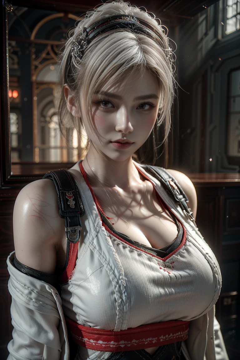 Masterpiece,Game art,The best picture quality,Highest resolution,8K,(A bust photograph),(Portrait),(Head close-up),(Rule of thirds),Unreal Engine 5 rendering works,
20 year old girl,Short hair details,With long bangs,(white hair),red eyes,Elegant and elegant,(Large, full breasts),(Wearing a white coat,Red suspender underwear),shut your mouth,serious yet charming,(scholar),photo poses,Sci-fi style laboratory,white room,
Movie lights，Ray tracing，Game CG，((3D Unreal Engine))，OC rendering reflection pattern