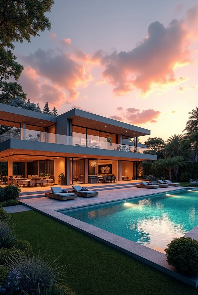 A high standard house. Luxurious house with swimming pool and a well-kept garden with a beautiful sunset. A house that makes anyone who wants to buy a house want to buy it. A realistic image
