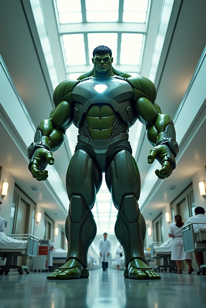 Imagine Hulk wear iron man Costume in Side Hospital, Wide Angle View, full shirt doctor clothes