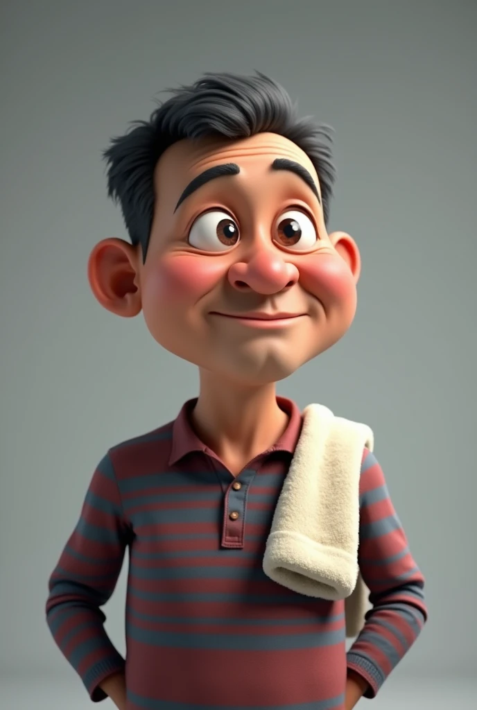 a middle age indonesia man, a calm yet deep face like a typical family man, wear long sleeve shirt with stripe line red and blue, towel on his shoulder, big head, 3d, short hair, portrait. grey background, 3d cartoon, caricature