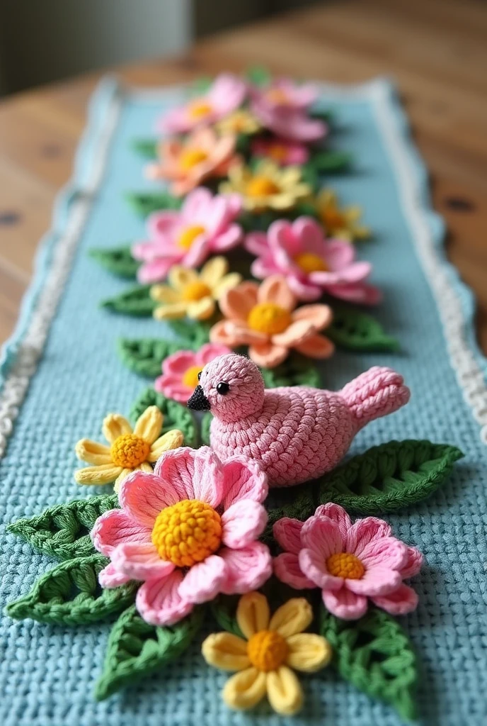 Blue crochet table runner with pink and yellow flowers and green leaves and a pink bird