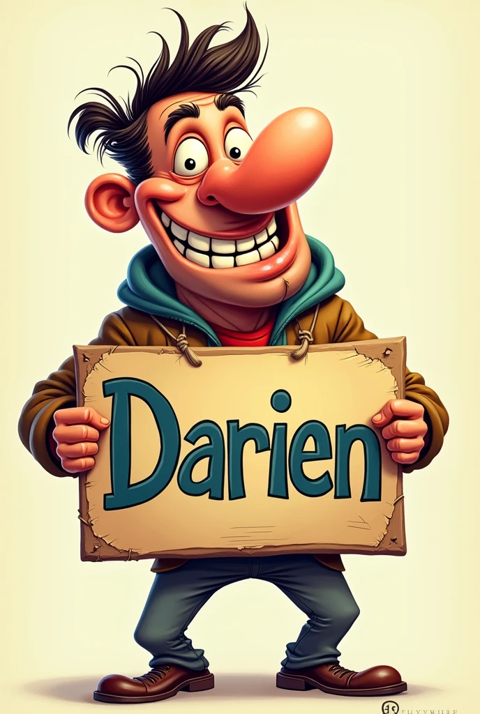 Make me a goofy-style big-nosed man holding a sign that says Darien