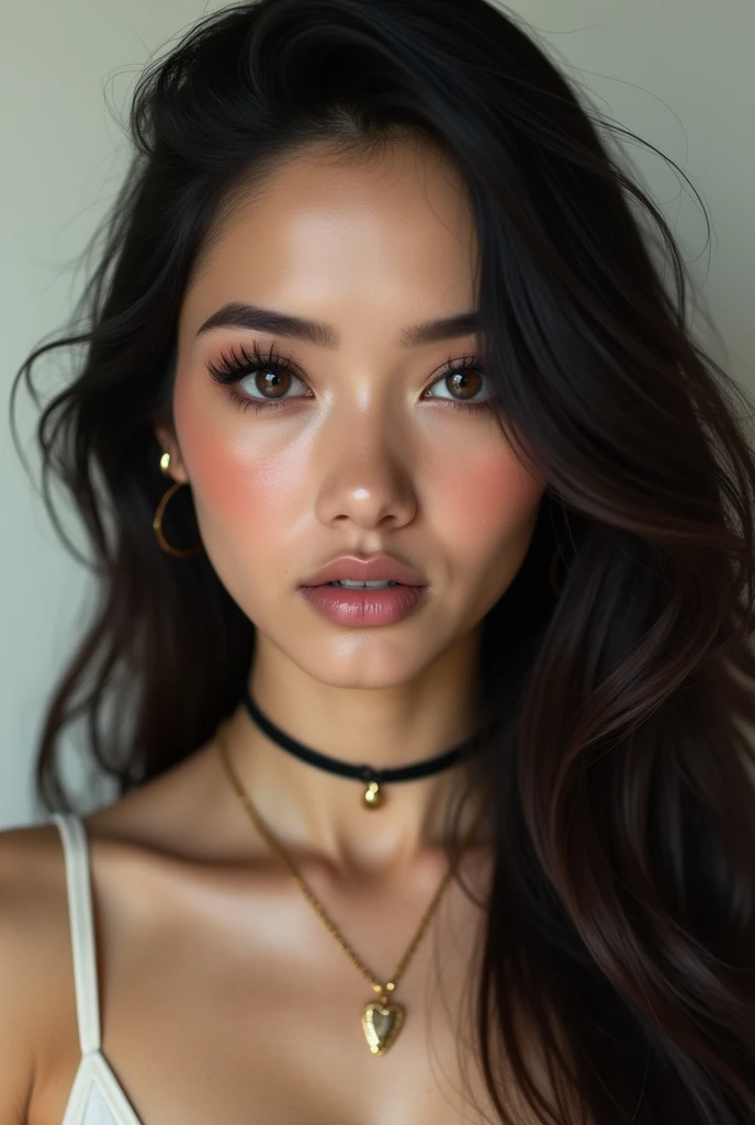 white skin woman, with big eyes, Long hair, round face, small mouth , big cheeks, large, bushy eyebrows, big nose. colombian, without makeup, with dark circles.