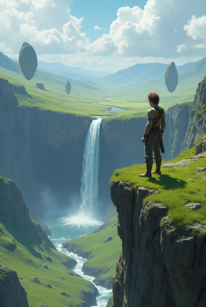 (uhd, masterpiece, anatomically correct, textured skin, super detail, high details, best quality, highres, 8k), An adventurer standing on a grassy cliff, Wearing light armor, Brown Hair, Hair that stands on end, Turning your back on the viewer, I can't see your face, The plain below the cliffs, Looking Down, Mr.々A land where fantasy creatures live, Several large and small rocks floating in the air, A waterfall flows down from the rocks