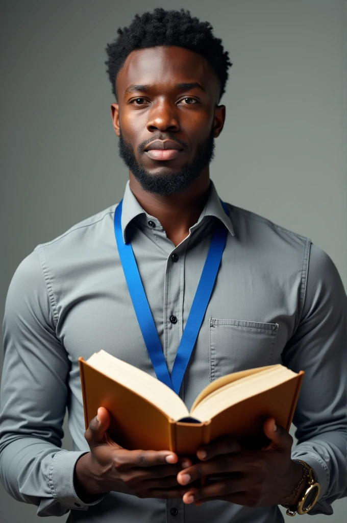 A black guy posing with 'Analytic Mechanics - Faires and Chambers' the guy is wearing a 'repose grey shirt' with a blue ID card ribbon hanging from neck