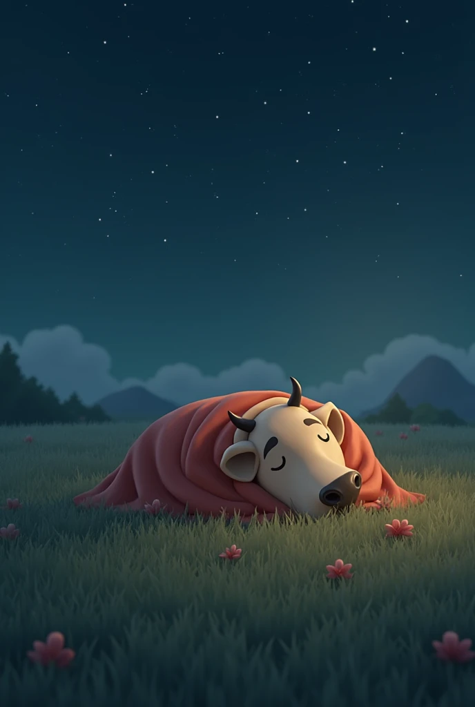 Ox wrapped in blanket sleeping in field at night