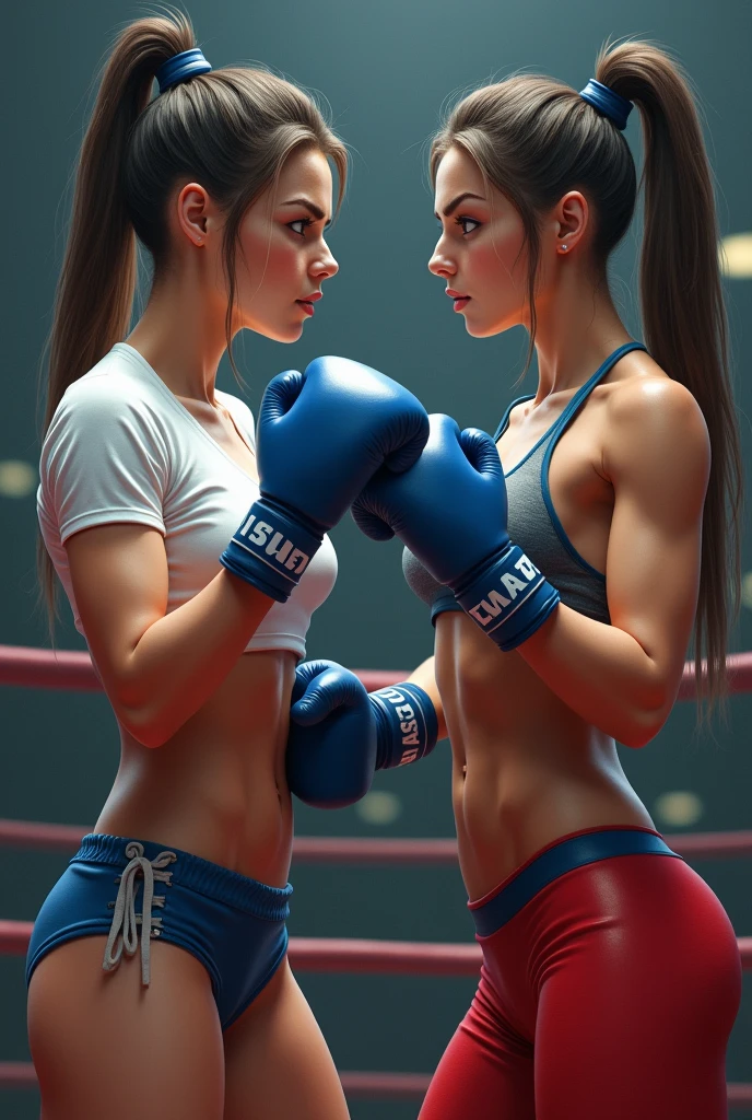 realistic, 2 female boxers, Six-pack, Wear a white T-shirt that clings to your body, Wearing blue bikini panties, Wearing a gray sports bra, Wearing red leggings, Do well, Blue Gloves, Ready position in the ring