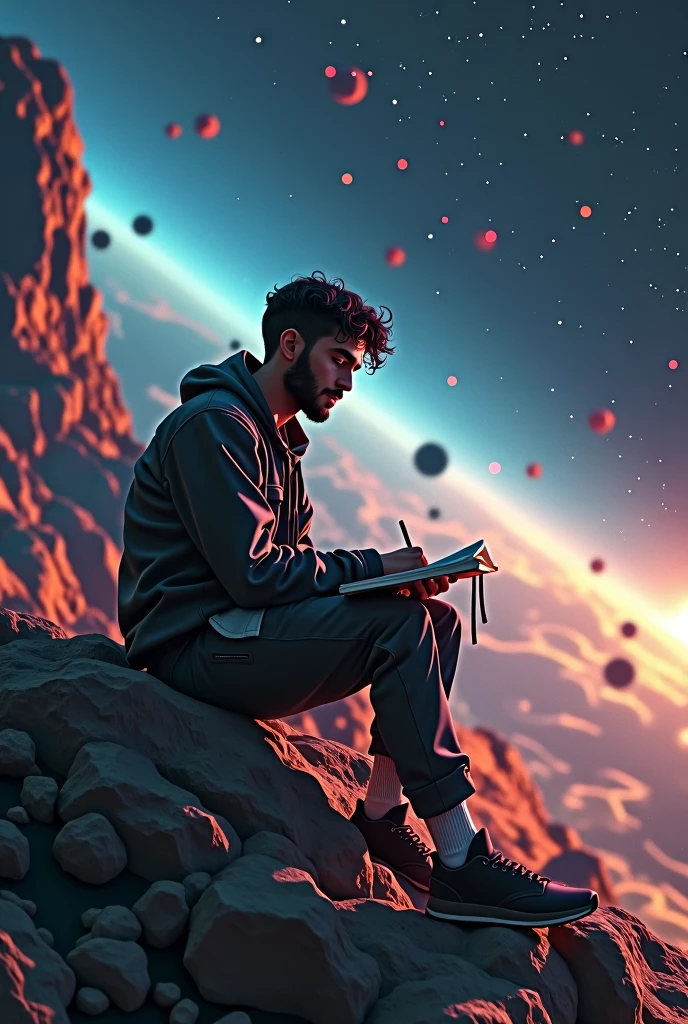 Draw a young programmer, sitting on a research platform floating in the middle of an asteroid belt. He is studying with a notebook, surrounded by several asteroids glowing with fiery auras. Dramatic lighting from distant stars and planets illuminates the scene, casting deep shadows on the suit. The young man looks confident and determined, looking at the vast and mysterious universe with wonder and respect,facial hair, cowboy shot,