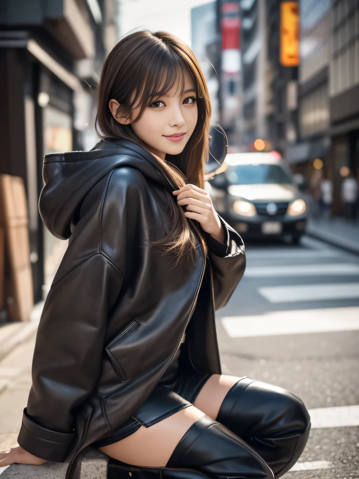 (masterpiece), (best quality, ultra-detailed, hyperdetailed, realistic), sharp features, highly detailed, sharp focus, Realistic, Photorealistic:1.3, perfect face, perfect symmetrically eyes, perfect lips, (no makeup), hyper detailed, hyper realistic, high resolution, Japanese model posing in Shibuya, Fashion Model, (19yo:1.3), Slender, brown hair, Stylish, Beautiful Face, light brown hair, messy hair, diagonal bangs, (seductive smile), (looking at viewer), cinematic lighting, blurred background, be photographed from the top of one's knees up,
BREAK,
(black boots and a gray coat, wearing an oversized hoodie), (high boots, knee-high boots, over-knee boots, leather boots, platform boots),